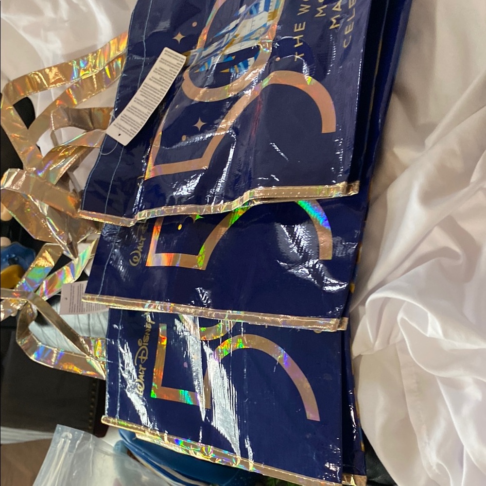 Disney 50th Anniversary Navy Blue Holographic Letter Tote Bags 3 total